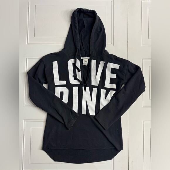 Victoria's Secret Pink Tops - Victoria's Secret PINK Black White Deep Cut V Neck Long Hoodie Sweatshirt Sz M